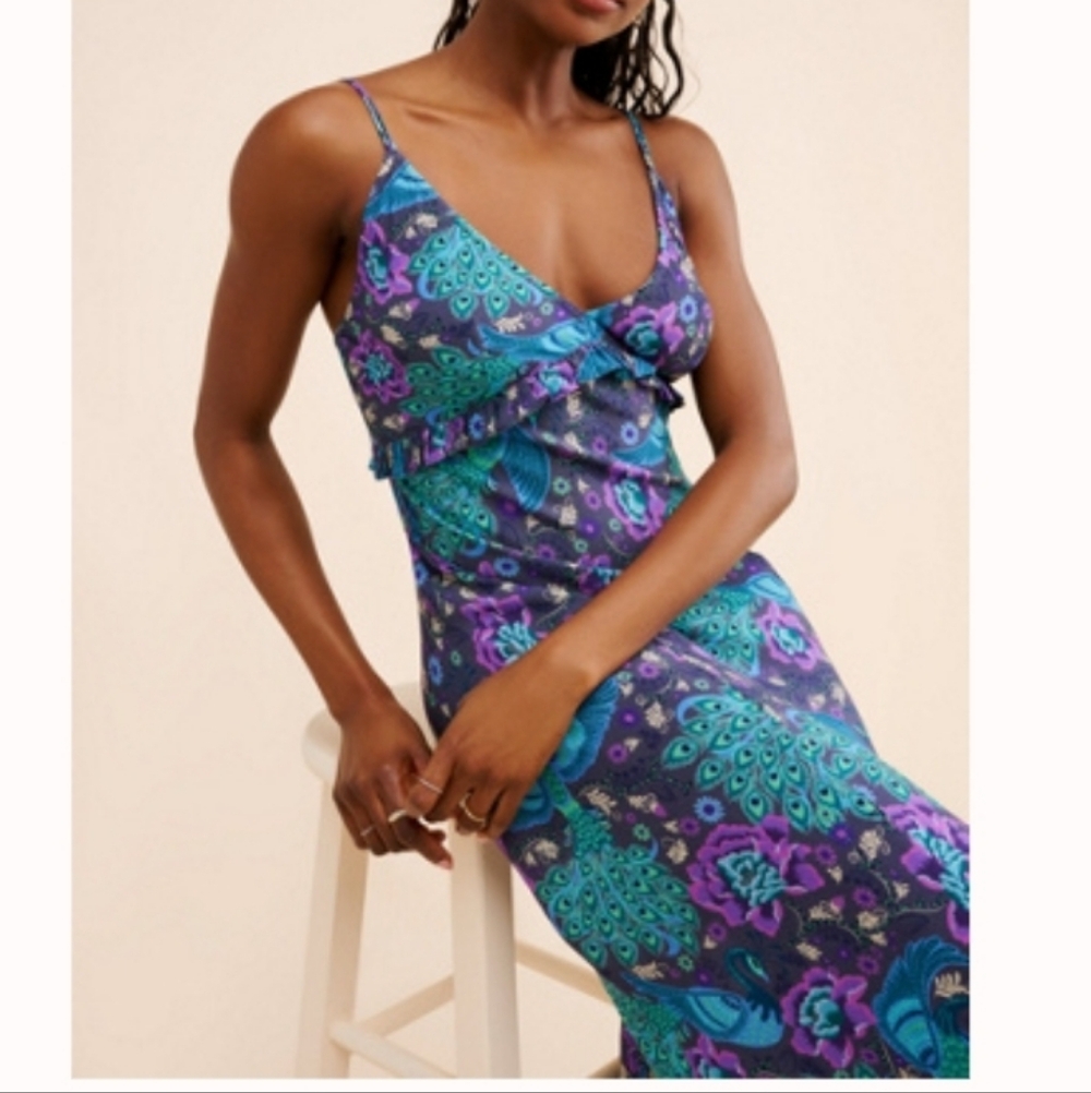 Spell Silk Maxi Dress in Teal, Purple, Blue Floral Print small